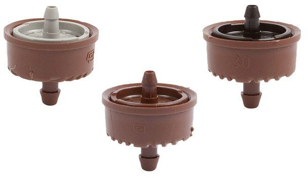 DIG Drip Emitter 3 GPH PC button dripper with check valve, barb inlet and outlet, Brown/Light Gray