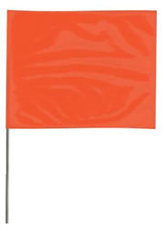 An orange wire staff marking flag with a flexible PVC film material.