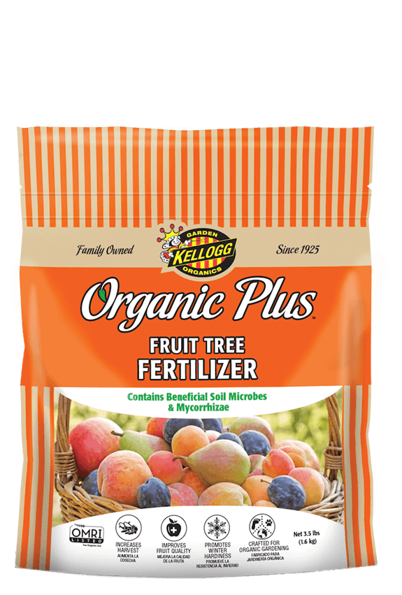 A bag of Kellogg's Organic Plus Fruit Tree Fertilizer with fruit images on the front.