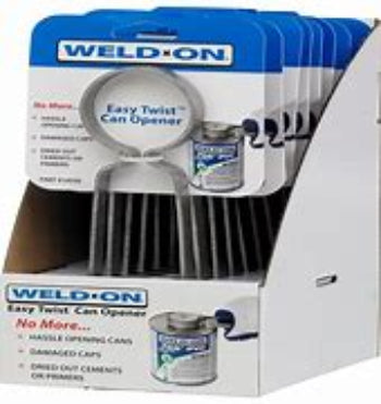 Packaging for Weld-On 14550 Easy Twist Can Opener, showing the product name and design, displayed in a retail setting.