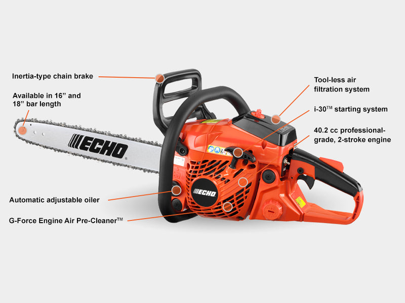 Echo CS-400-18AA chain saw with orange body, black handle, and white detailing. It features labels such as 'Inertia-type chain brake', 'Tool-less air filtration system', and '40.