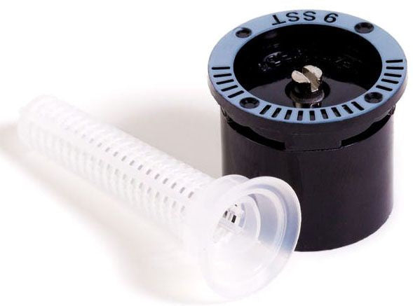 Rain Bird 9SST Side Strip Pattern sprinkler spray nozzle with black body and white filter screen, marked with '15 PSI' on the top.