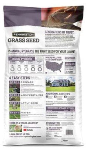 Bag of Pennington grass seed with information on how to use it