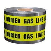 A roll of detectable yellow gas marking tape with the message 'CAUTION GAS LINE BURIED BELOW' printed on it.