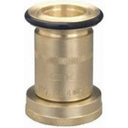 A gold-colored forged brass fog nozzle with black detailing.