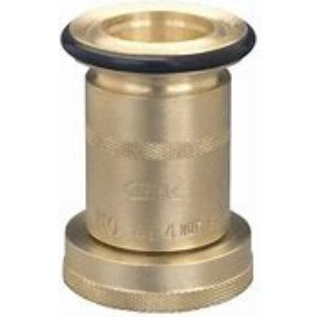 A gold-colored forged brass fog nozzle with black detailing.