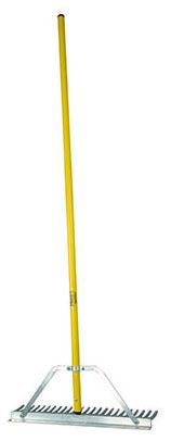 A 24 inch aluminum landscape rake with a yellow handle and a silver head.