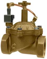 A gold-colored, solid brass automatic electric valve with a normally open position, designed for reclaimed water and a 24V coil.