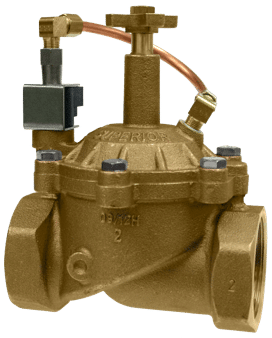 A gold-colored, solid brass automatic electric valve with a normally open position, designed for reclaimed water and a 24V coil.