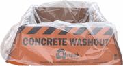 An Outpak brand concrete washout container made of corrugate with a polyethylene liner, featuring black and orange stripes with text and brand logo.