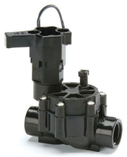 Black electric irrigation valve with 3/4 inch NPT female threading, made of plastic, designed for landscape and watering applications.