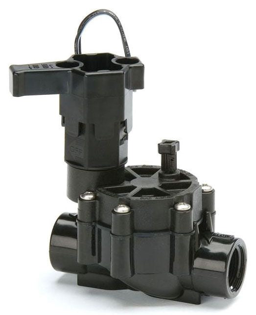 Black electric irrigation valve with 3/4 inch NPT female threading, made of plastic, designed for landscape and watering applications.
