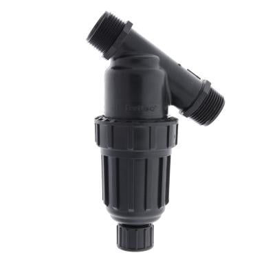 A black 1-inch Y-strainer with a red disc element, designed for irrigation systems.