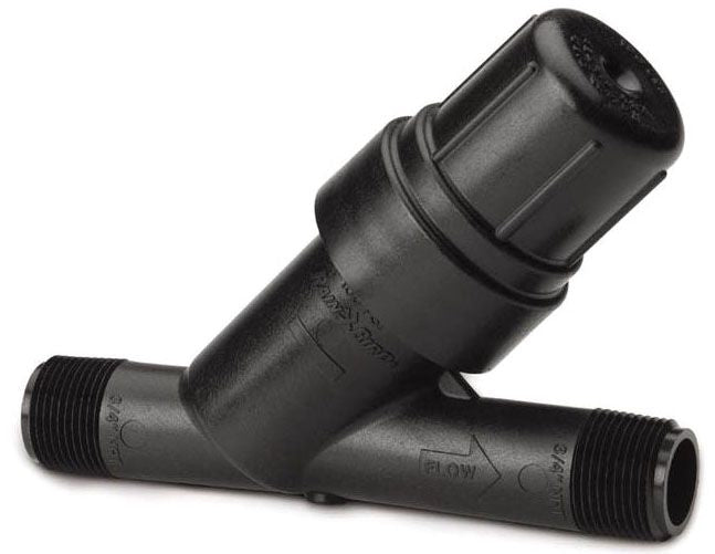 A black 3/4 inch inline wye filter with a 200 mesh screen for sprinkler systems.