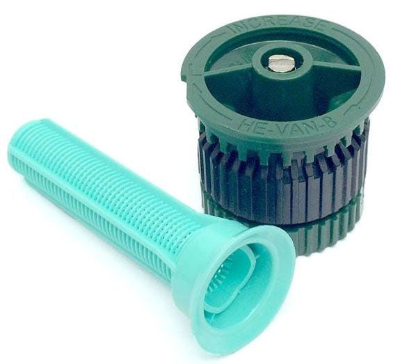 Rain Bird HE VAN 08 sprinkler spray nozzle with green and blue color components.