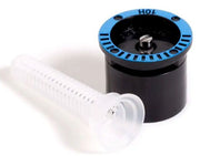 A Rain Bird half nozzle with a white filter screen and a blue and black body, designed for use with a sprinkler system.