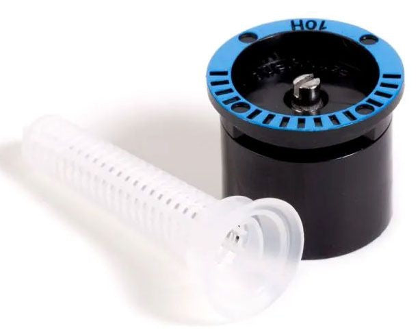A Rain Bird half nozzle with a white filter screen and a blue and black body, designed for use with a sprinkler system.