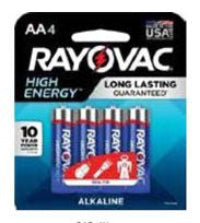 Packaging of Rayovac 'AA' Alkaline batteries showing four batteries, with emphasis on 'High Energy' and 'Long Lasting' qualities.