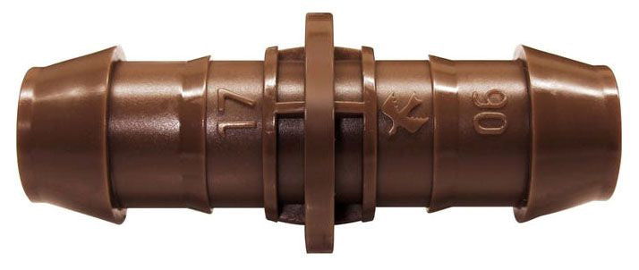 A brown barb x barb coupling fitting for irrigation systems. 2-Way Joint, Dripline