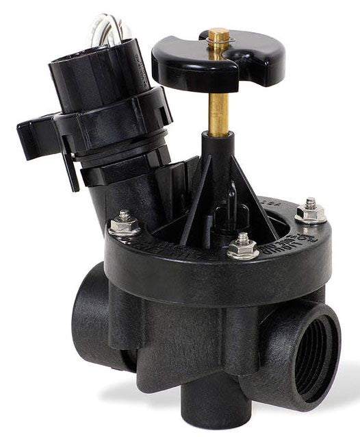 Rain Bird 100 PESB 1 inch Inline Plastic Irrigation Electric Valve with a black body and gold-colored trim.