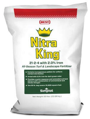 A white bag of 'Nitra-King' fertilizer with red and green labeling, indicating a 21-2-4 nutrient ratio and 2% iron content, designed for all-season turf and landscape.