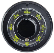 A black timer and photocell combo designed for use with slim line transformers, featuring a dial with green markings for 'ON', 'OFF', and '6 HRS' settings.