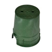 A green circular valve box with a green cover, likely made of plastic, with two holes on the top side for installation.
