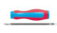 Screwdriver with blue handle and metal shaft on white background
