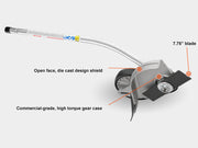 Close-up of a string trimmer with labeled features on a white background