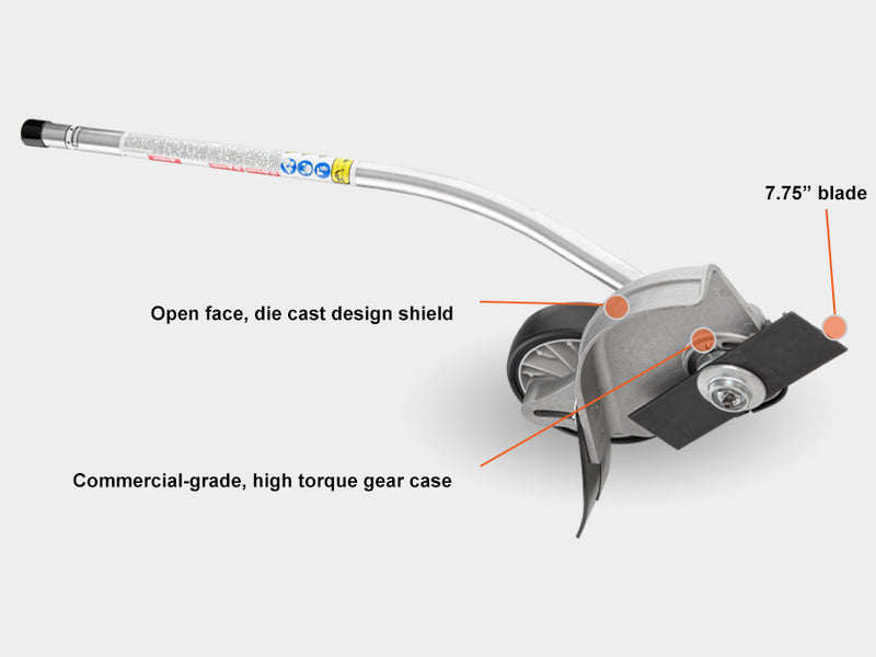 Close-up of a string trimmer with labeled features on a white background