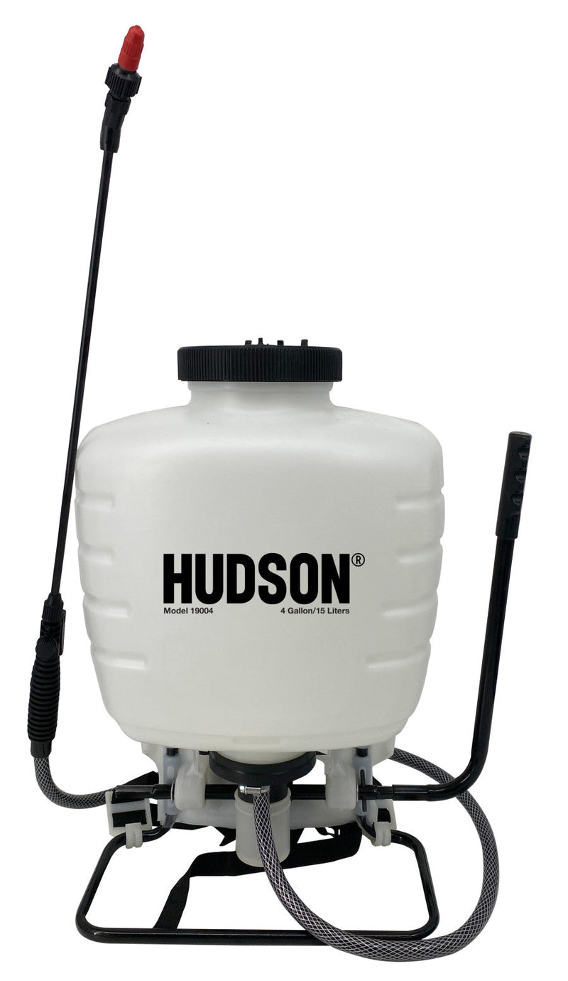 A white Hudson backpack sprayer with black and gray accents, including a hose and wand, on a white background.