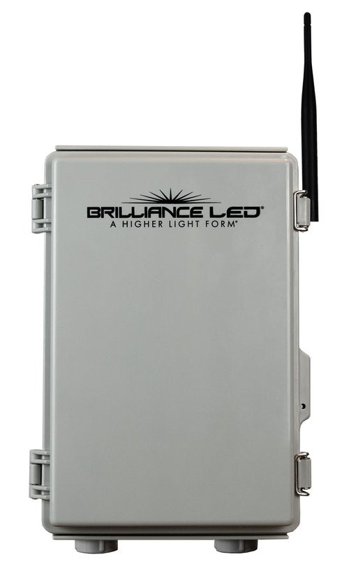 A Brilliance LED Sector Selector smart controller with an antenna, designed for landscape lighting, showing a gray metal housing with branding on the front.