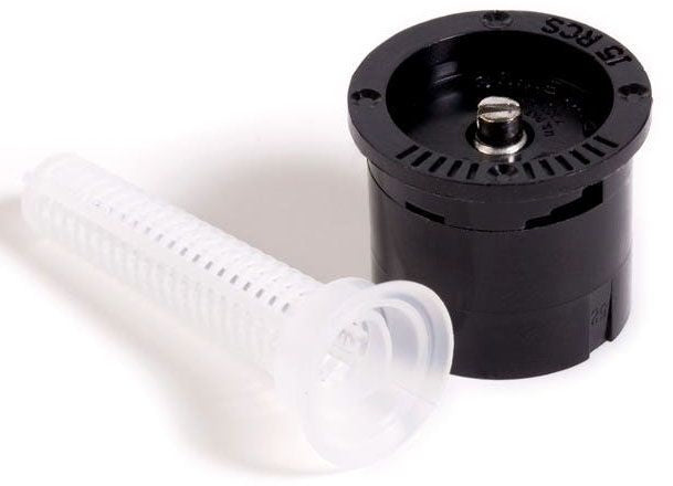 A black sprinkler spray nozzle with a white filter screen attached, designed for a pop-up irrigation system.