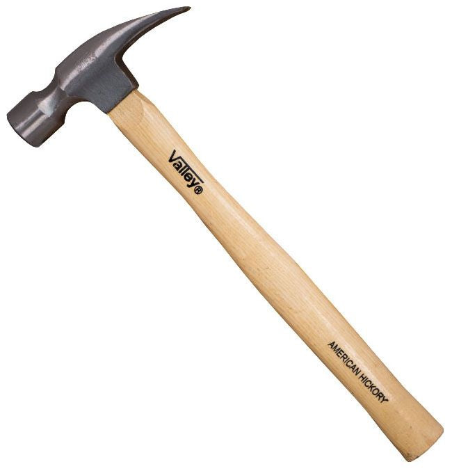 A 16 oz claw hammer with a smooth face and a curved claw, featuring a beige hardwood handle with a logo near the head of the hammer.