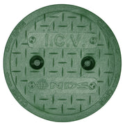 Green manhole cover with 'I.C.V.' and 'NDS' branding on a white background
