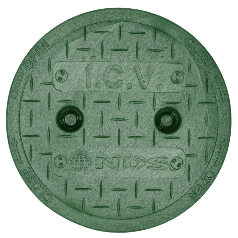 Green manhole cover with 'I.C.V.' and 'NDS' branding on a white background