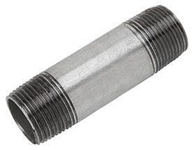 A silver-colored galvanized pipe nipple with male threaded ends.