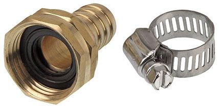 A brass female hose repair fitting with a threaded end connection, displayed in two different angles to show the design and material.