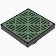 Square green metal drain cover with a grid pattern on a white background
