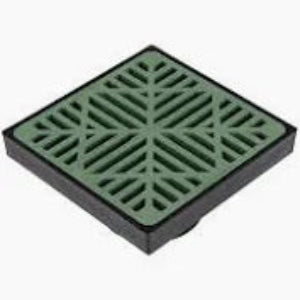 Square green metal drain cover with a grid pattern on a white background