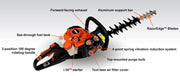 Gardening tool with labeled features on a white background