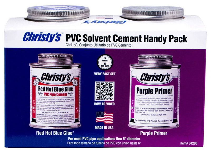 Packaging for Christy's PVC Solvent Cement Handy Pack, featuring two containers labeled 'Red Hot Blue Glue' and 'Purple Primer', with product details and color depiction.