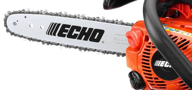 Close-up of an Echo chainsaw on a white background