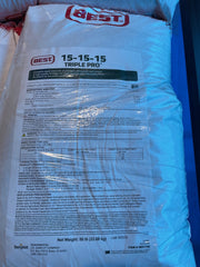 Fertilizer bag labeled 'Best' with '15-15-15 Triple Pro' formulation.