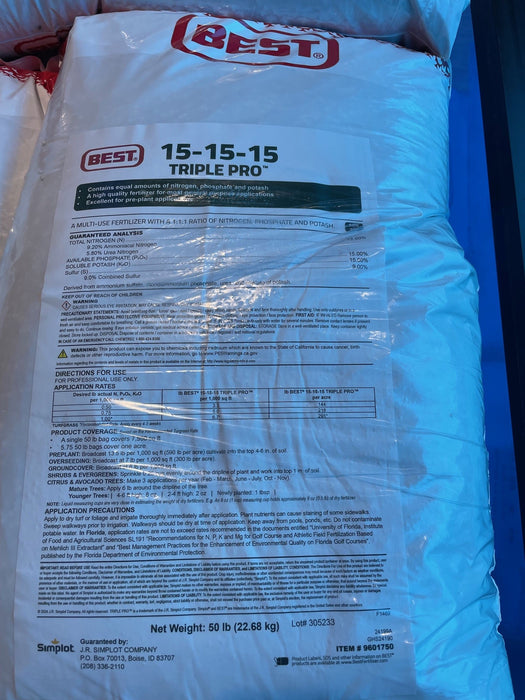 Fertilizer bag labeled 'Best' with '15-15-15 Triple Pro' formulation.