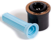 Rain Bird U 12 F sprinkler spray nozzle with black body and blue pop-up head, alongside an image of a fixed arc spray pattern.