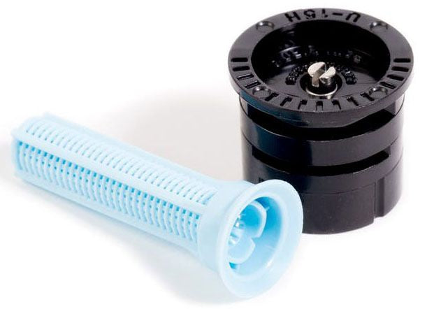 A Rain Bird sprinkler spray nozzle with a black UV resistant plastic body and a blue mesh screen.