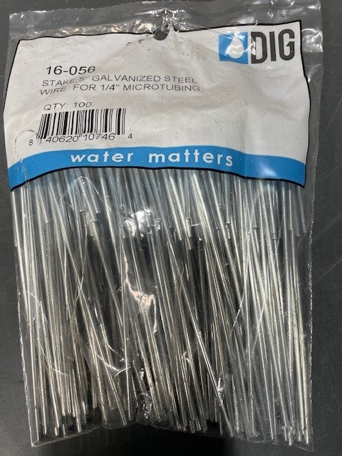 Packaged stakes for microtubing with 'DIG' branding on a dark background