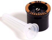 Rain Bird Quarter Nozzles, showing a black sprinkler head with a brown top and a white filter screen, designed for pop-up sprinkler systems.