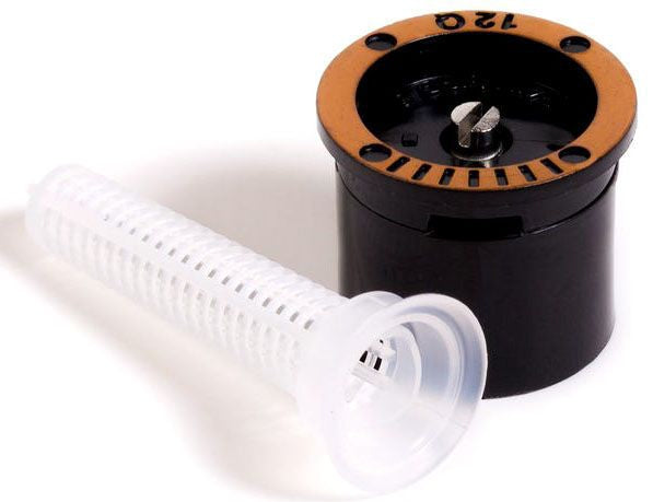 Rain Bird Quarter Nozzles, showing a black sprinkler head with a brown top and a white filter screen, designed for pop-up sprinkler systems.